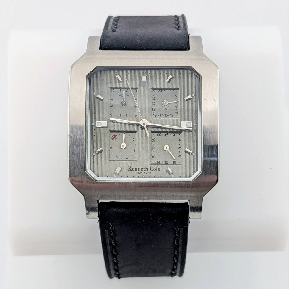 Kenneth Cole New York KC1164 Square Multifunction Watch Black Leather Strap 33mm